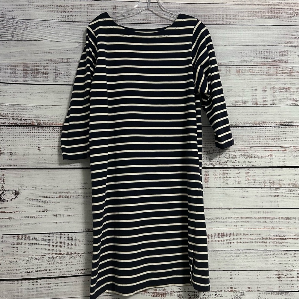 L.L. Bean Navy Stripe Mariner Dress 💯Cotton 3/4 Sleeve Classic Sheath Boatneck